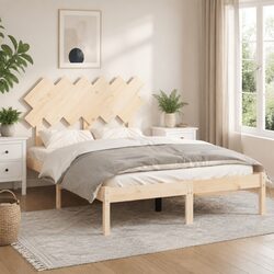 Solid Wood Bed Frame 135x190 cm Brown Wooden Bedroom Furniture Slats Headboard