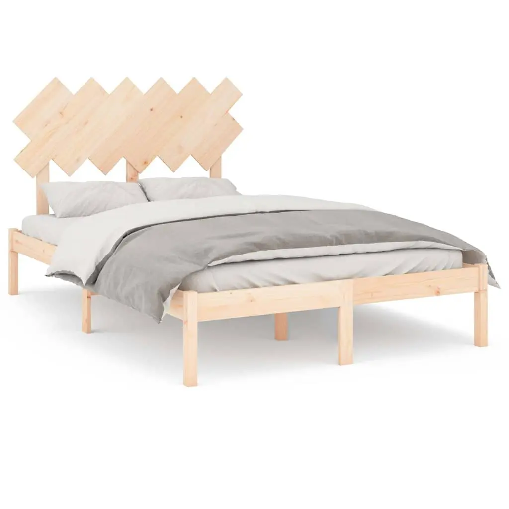 Solid Wood Bed Frame Brown 135x190 cm Wooden Bedroom Furniture with Slats and Headboard