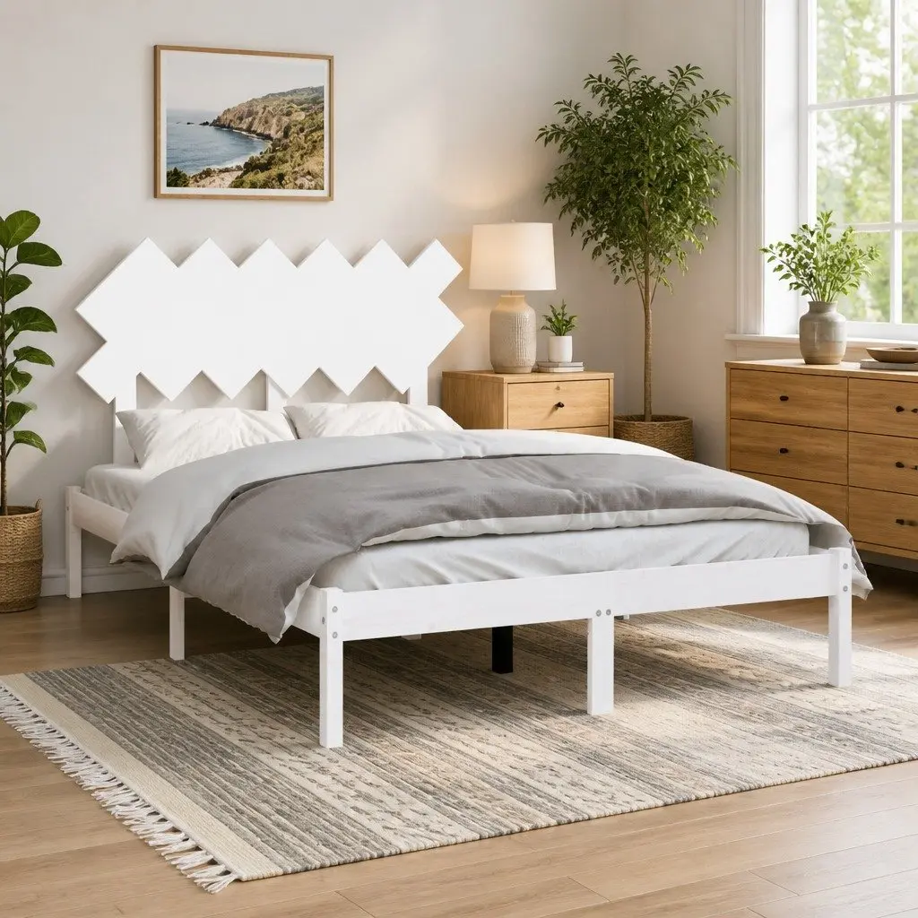 Bed Frame White 135x190 cm Solid Pine Wood Slats Headboard Bedroom Furniture