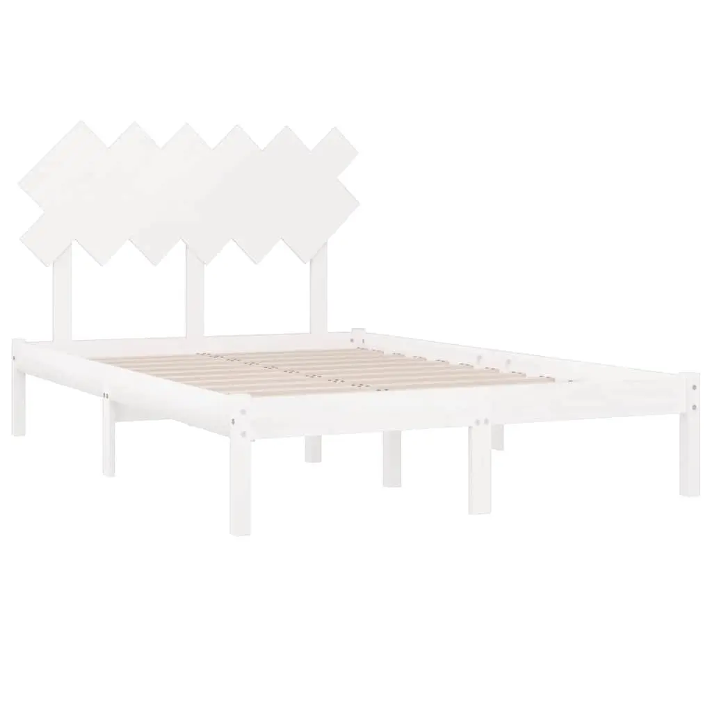 Bed Frame White 135x190 cm Solid Pine Wood Slats Headboard Bedroom Furniture