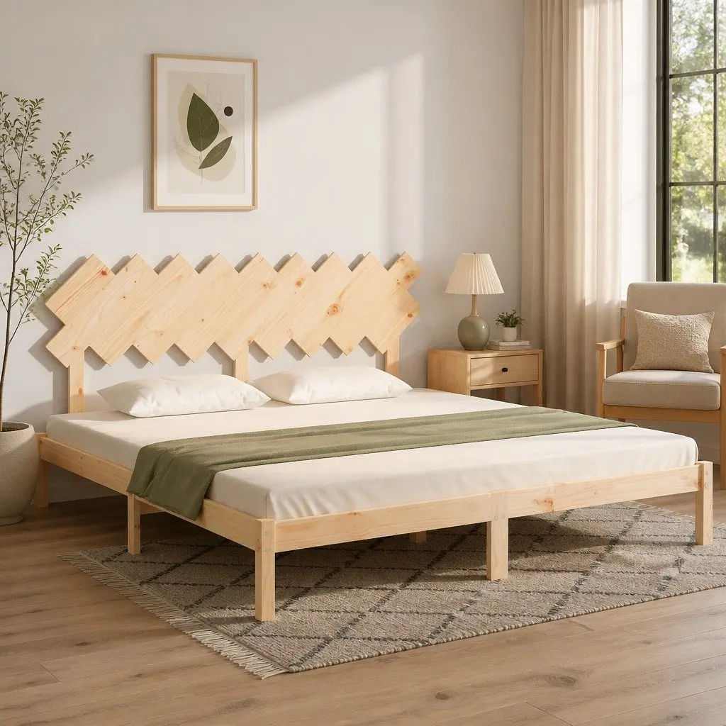 King Bed Frame Solid Pine Wood Slats Headboard Bedroom Furniture 183x203cm Brown