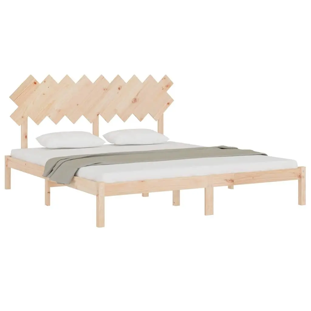 King Bed Frame Solid Pine Wood Slats Headboard Bedroom Furniture 183x203cm Brown