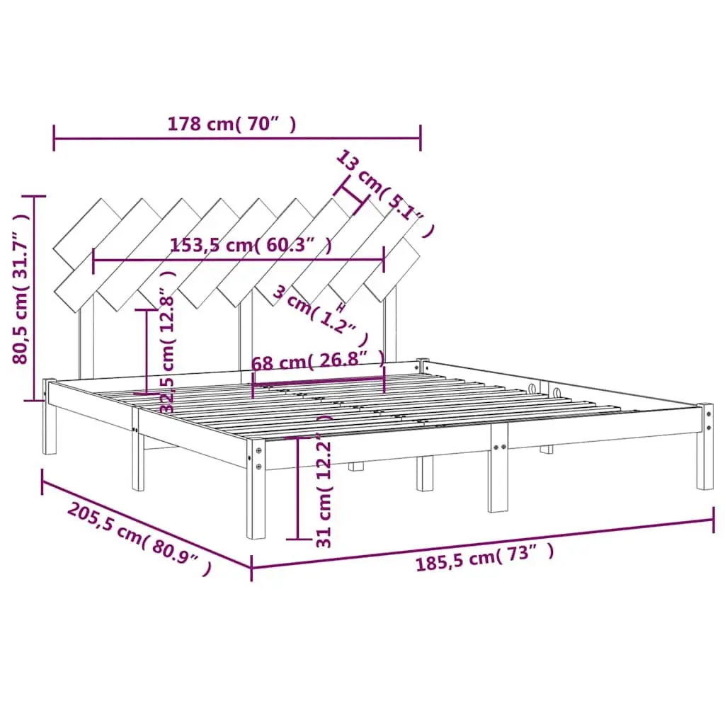 King Bed Frame Solid Pine Wood Slats Headboard Bedroom Furniture 183x203cm Brown