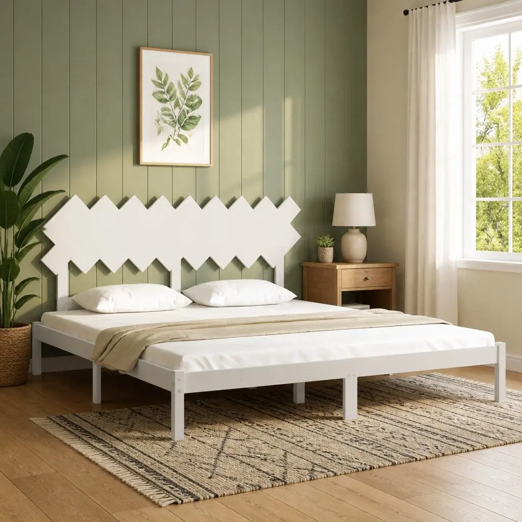 King Bed Frame White Solid Pine Wood 183x203 cm with Headboard
