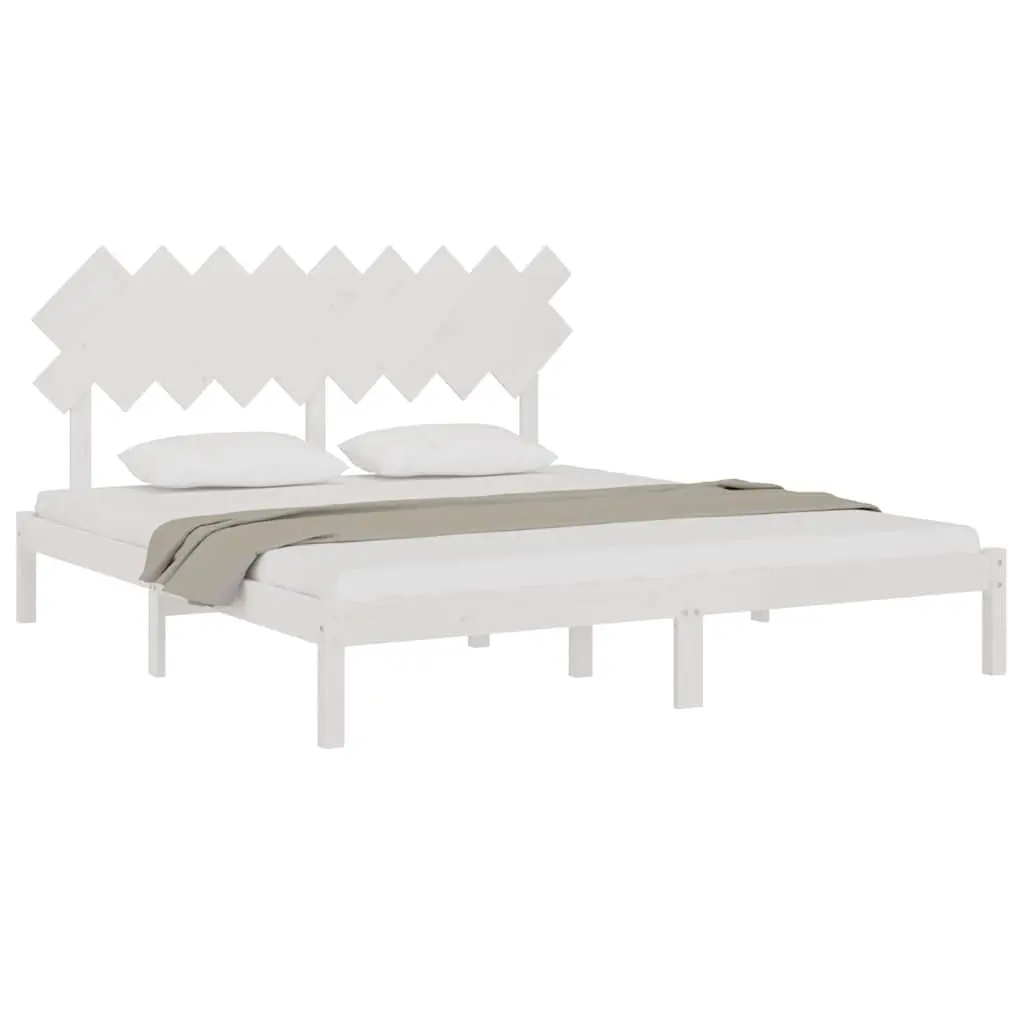 King Bed Frame White Solid Pine Wood 183x203 cm with Headboard
