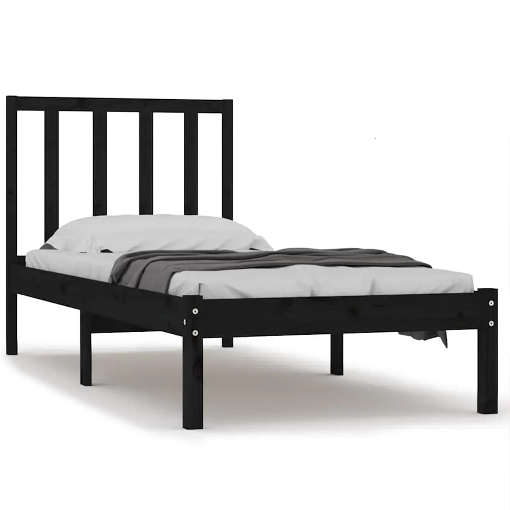 Single Bed Frame Solid Pine Wood Black 90x190 cm with Integrated Headboard and Slatted Base