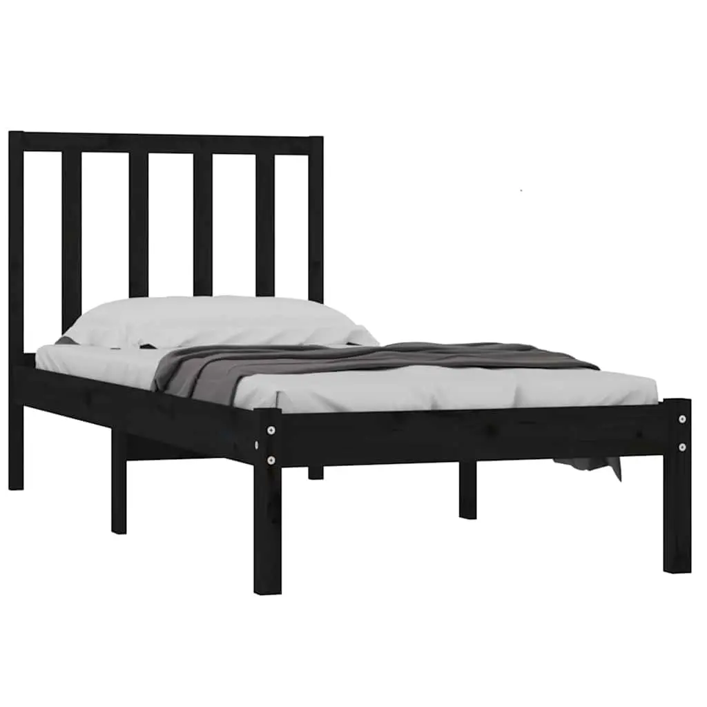 Single Bed Frame Solid Pine Wood Black 90x190 cm with Integrated Headboard and Slatted Base