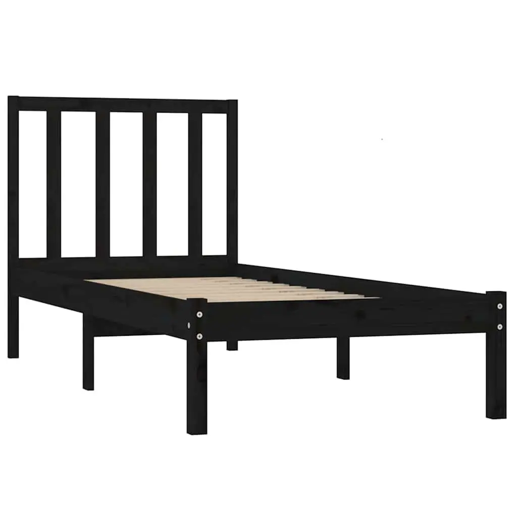 Single Bed Frame Solid Pine Wood Black 90x190 cm with Integrated Headboard and Slatted Base