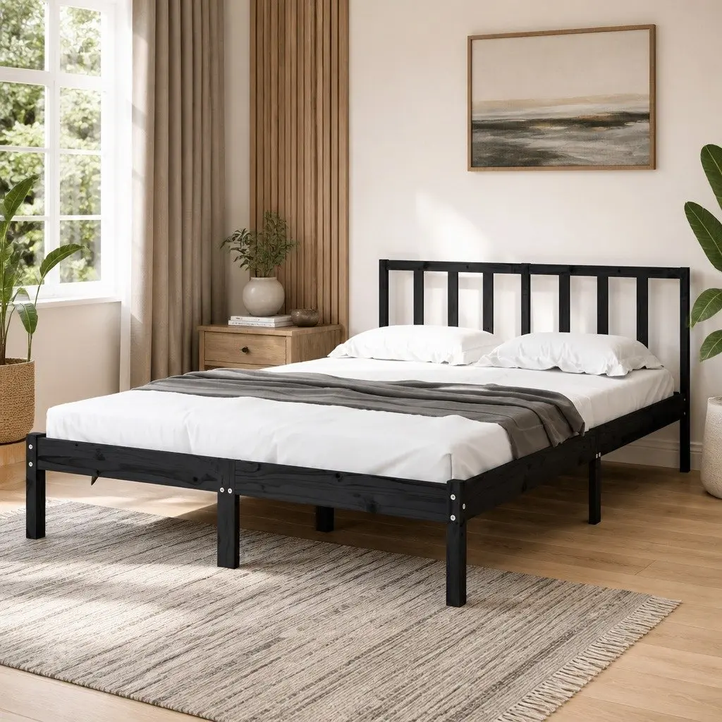 Black Solid Pine Wood Bed Frame 135x190 cm