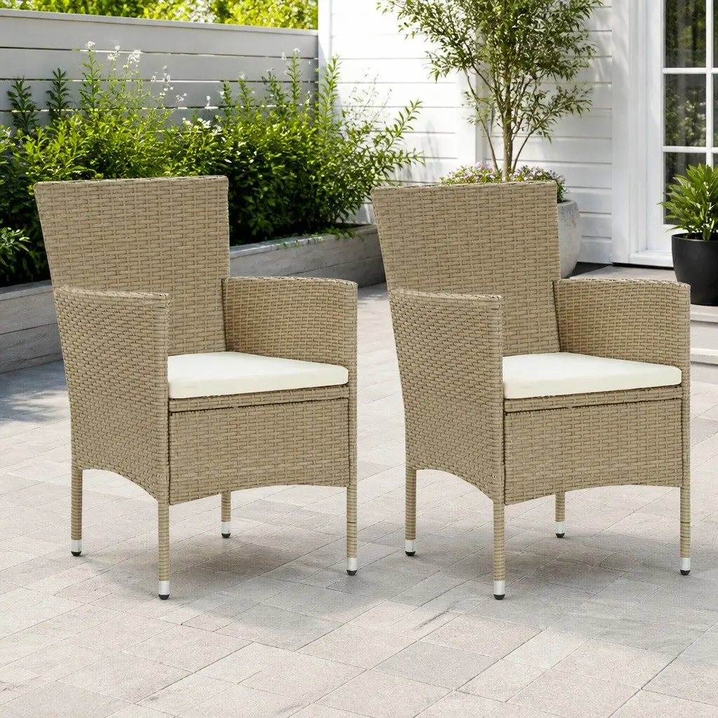 Outdoor Dining Chairs 2 pcs Poly Rattan Beige Garden Seating with Cushion
