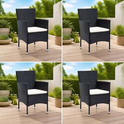 4 Outdoor Dining Chairs with Cushions - Black Rattan