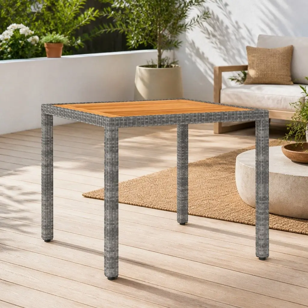 Outdoor Garden Table Grey Poly Rattan Steel Frame Acacia Wood Top 90x90x75cm