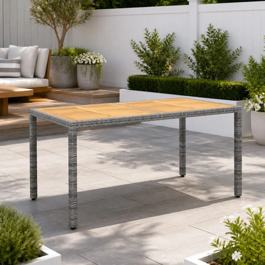 Garden Table Acacia Wood Poly Rattan Grey 150x90x75cm Outdoor Furniture