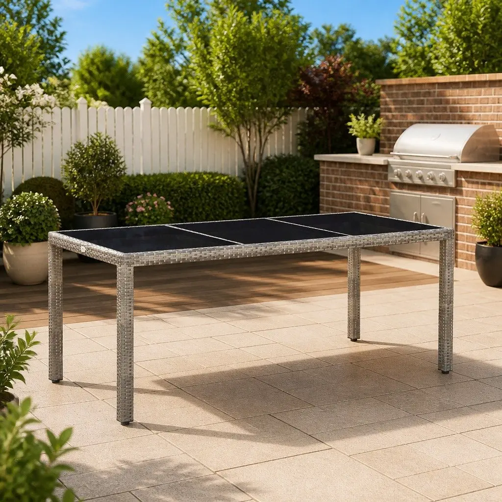 Garden Dining Table Grey Outdoor Patio Furniture Steel Frame Tempered Glass 190L x 90W x 75H cm