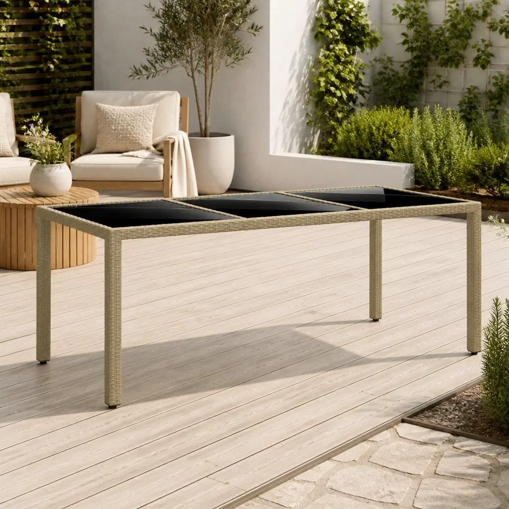 Outdoor Garden Table Tempered Glass Poly Rattan 190x90x75cm