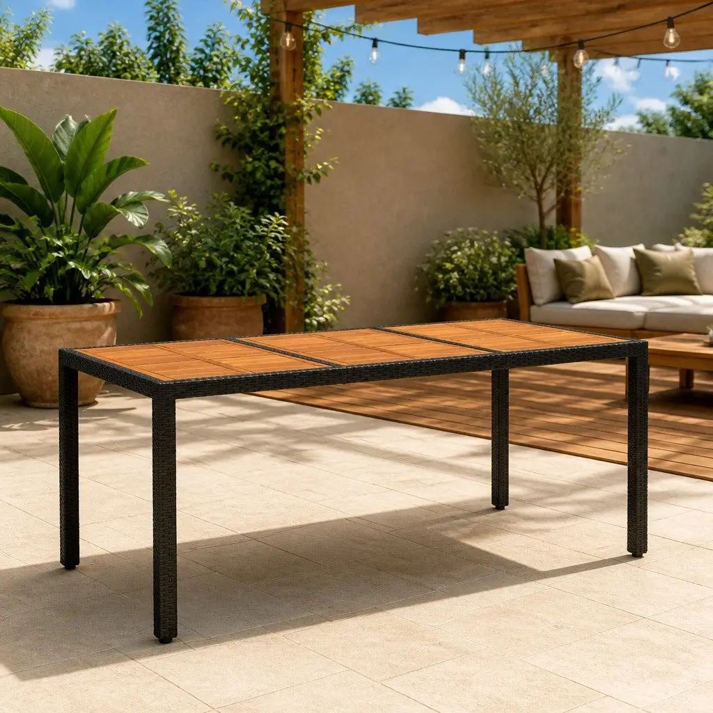 Garden Dining Table Acacia Wood Steel Frame Poly Rattan 190x90cm