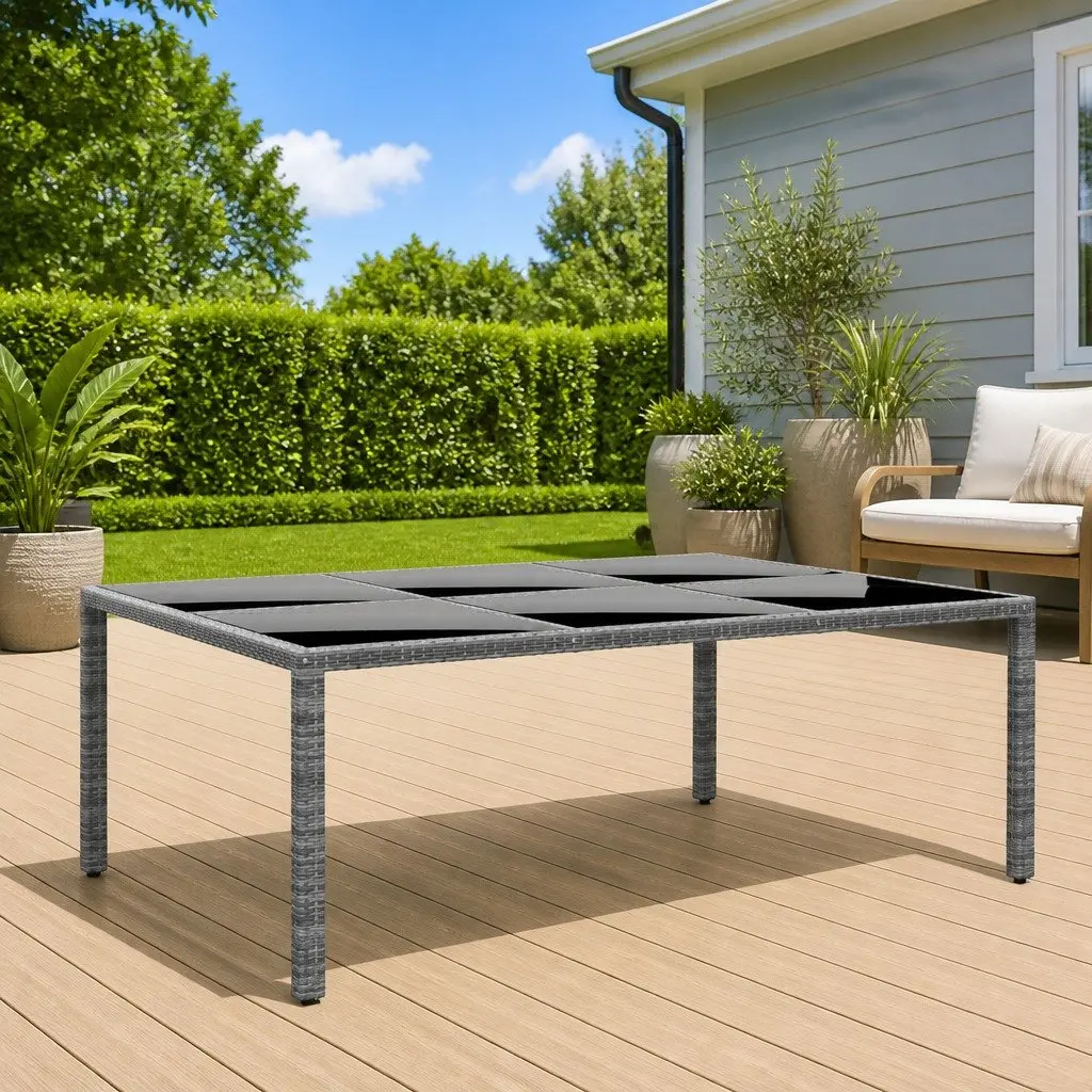 Garden Table Grey Rattan 200x150cm Outdoor Patio Dining Furniture Tempered Glass