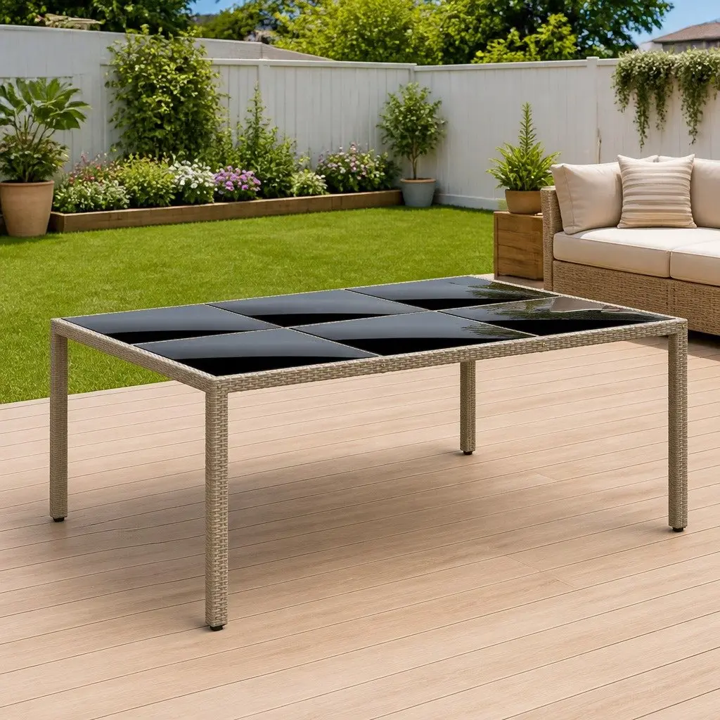 Outdoor Garden Table Tempered Glass Top Poly Rattan Frame 200x150cm