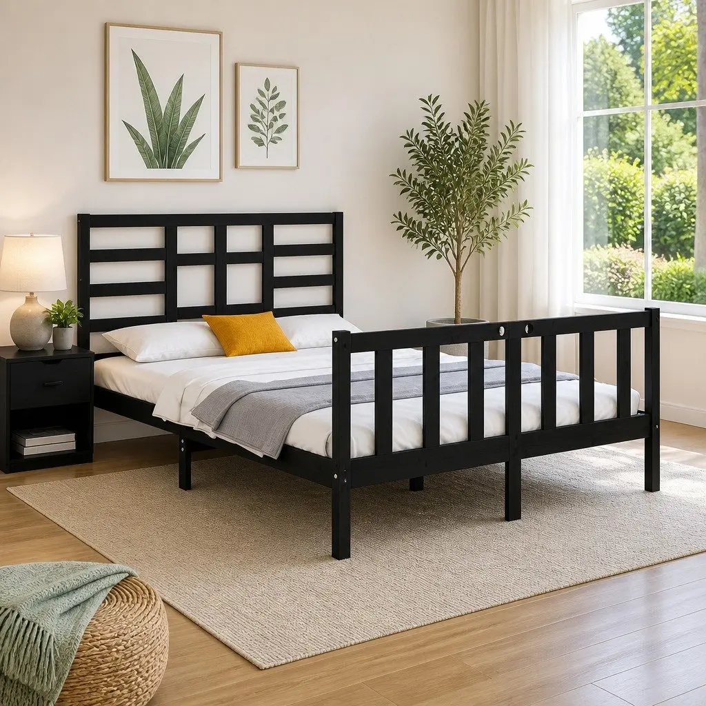 Bed Frame 135x190 cm Black Solid Wood Bedroom Furniture with Headboard Footboard