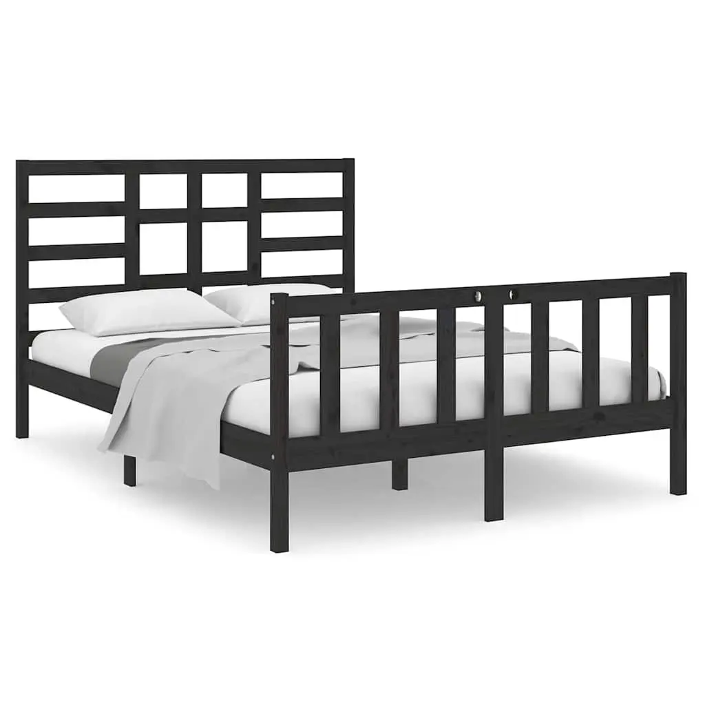 Bed Frame 135x190 cm Black Solid Wood Bedroom Furniture with Headboard Footboard