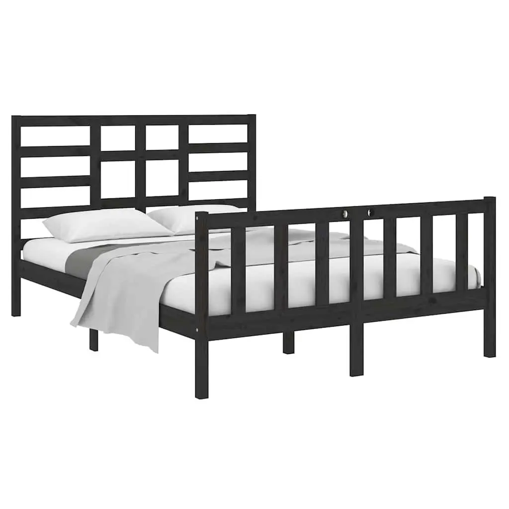 Bed Frame 135x190 cm Black Solid Wood Bedroom Furniture with Headboard Footboard