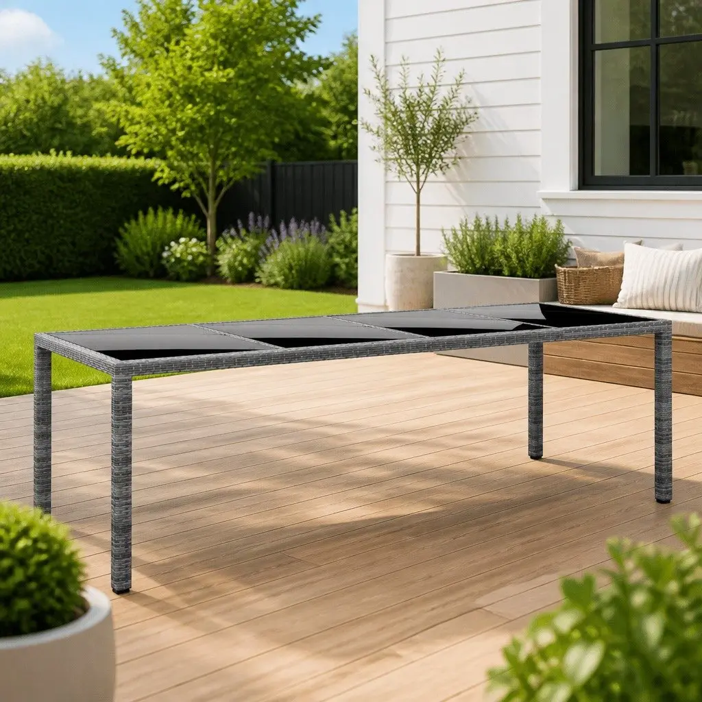 Garden Table Poly Rattan Glass Top 250x100cm Grey