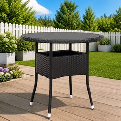 Garden Table Outdoor Patio Tempered Glass Top Poly Rattan Black Round 80cm Dia