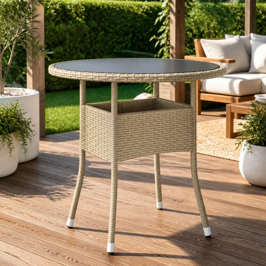 Garden Table Round Tempered Glass Ø80cm Poly Rattan Outdoor Patio Furniture