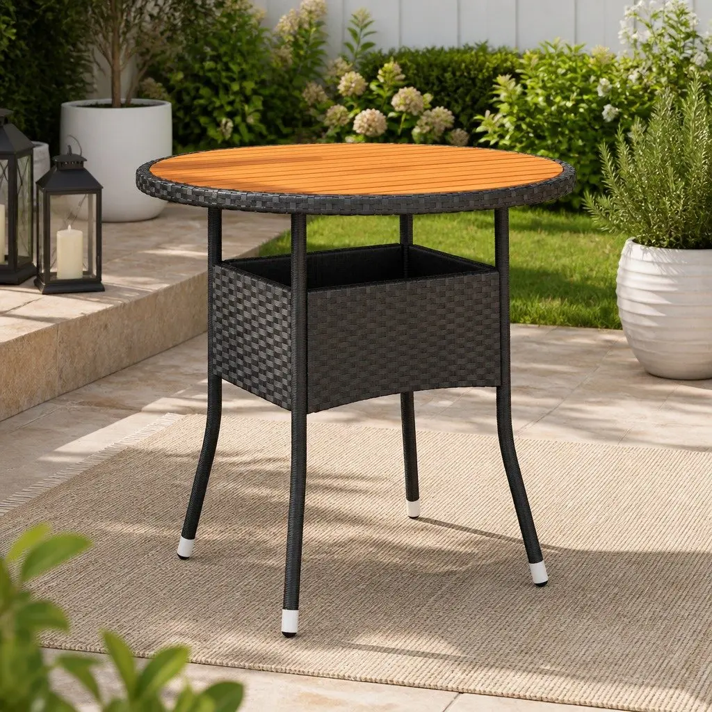 Garden Table Round Acacia Wood Poly Rattan Ø80x75cm Patio Outdoor Furniture