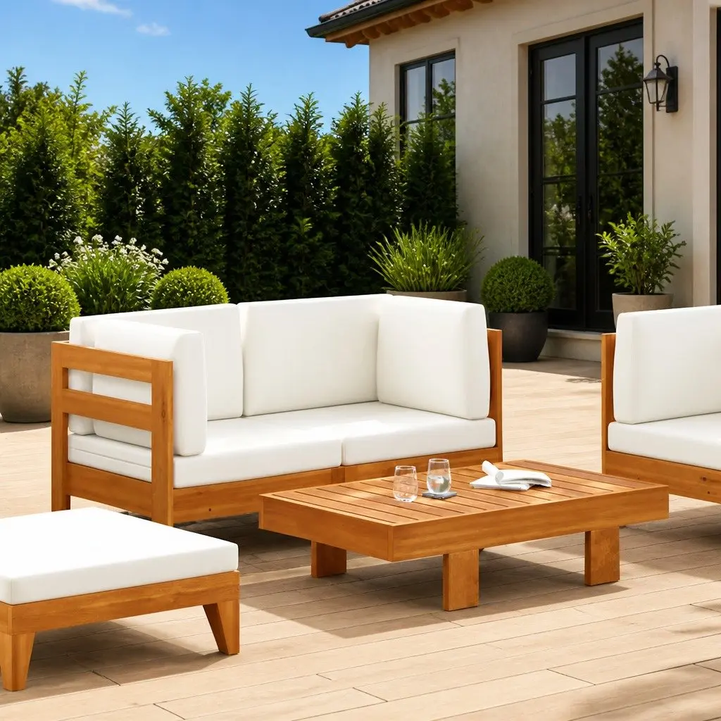 2 Piece Outdoor Garden Lounge Set Acacia Wood Sofa Table with Cream Cushions