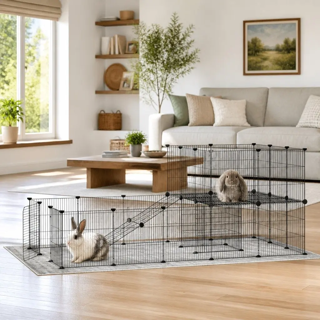36 Panel Pet Cage DIY Playpen Enclosure Black Steel 175x105x70 cm