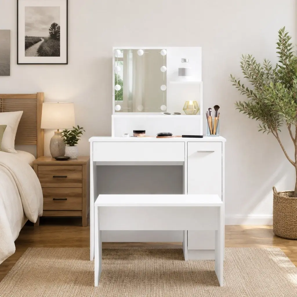 Dressing Table Set LED Mirror White Engineered Wood with Stool