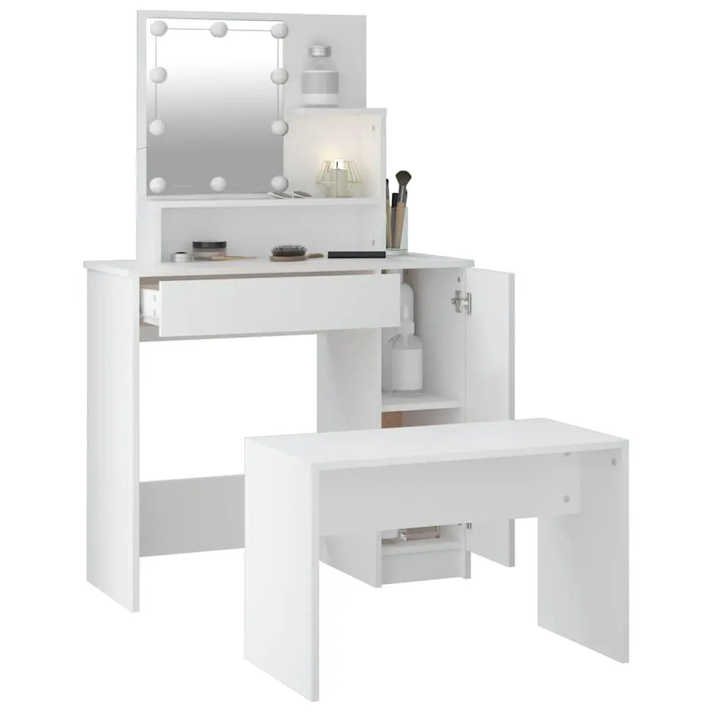 Dressing Table Set LED Mirror White Engineered Wood with Stool