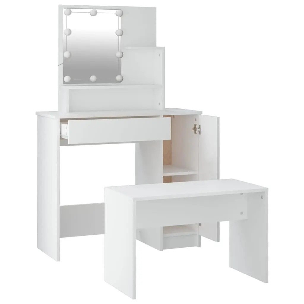Dressing Table Set LED Mirror White Engineered Wood with Stool