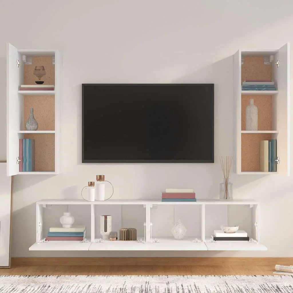 White TV Cabinet Set 4 Piece Wall-Mounted Storage Unit Engineered Wood