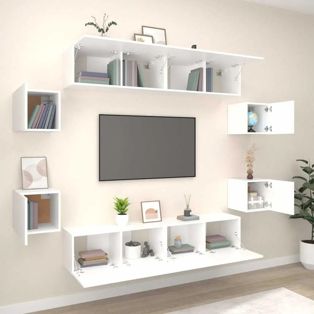 TV Cabinet Set Wall-Mounted 8 Piece White Engineered Wood Storage Unit