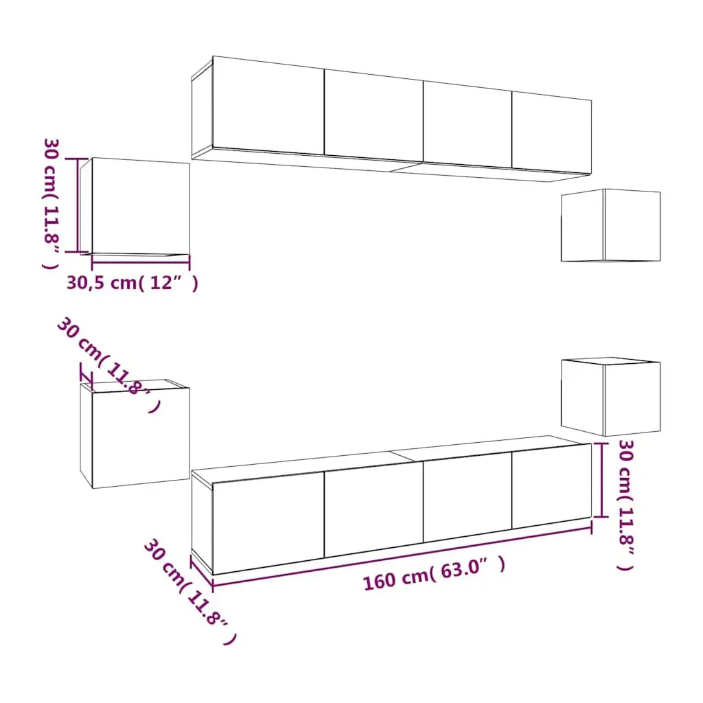 TV Cabinet Set Wall-Mounted 8 Piece White Engineered Wood Storage Unit