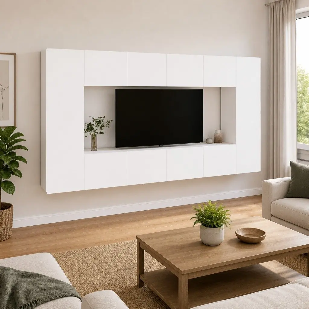 TV Cabinet Set 8 Piece White Wall-Mounted Storage Unit Engineered Wood