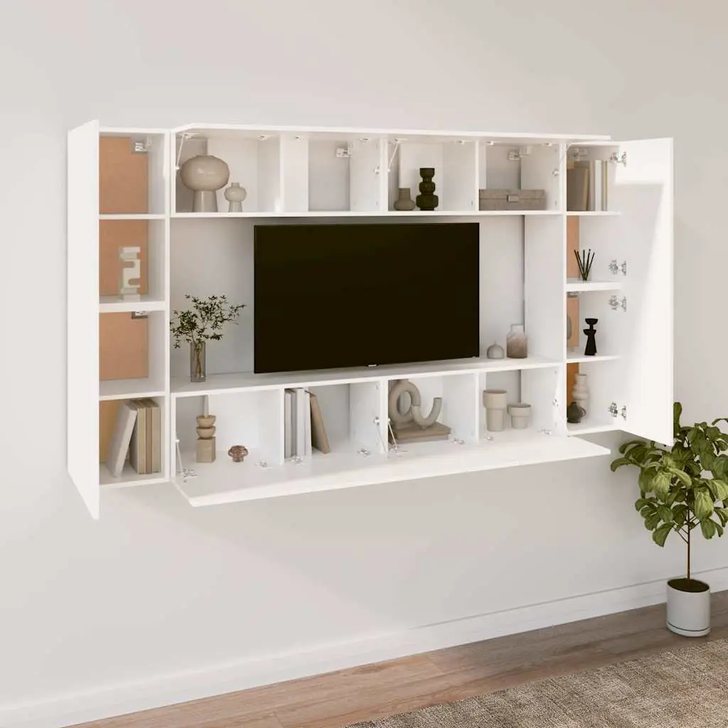 TV Cabinet Set 8 Piece White Wall-Mounted Storage Unit Engineered Wood