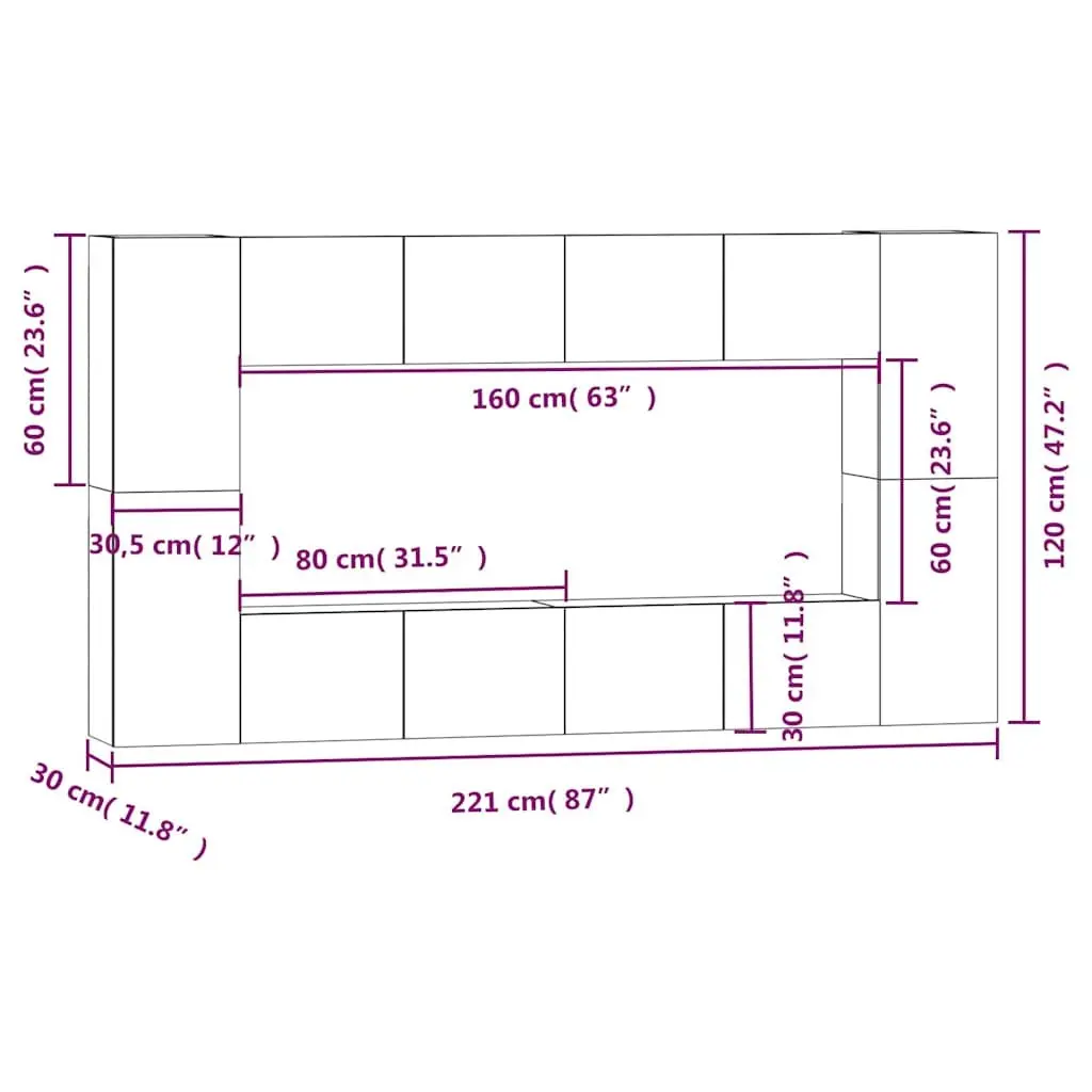 TV Cabinet Set 8 Piece White Wall-Mounted Storage Unit Engineered Wood