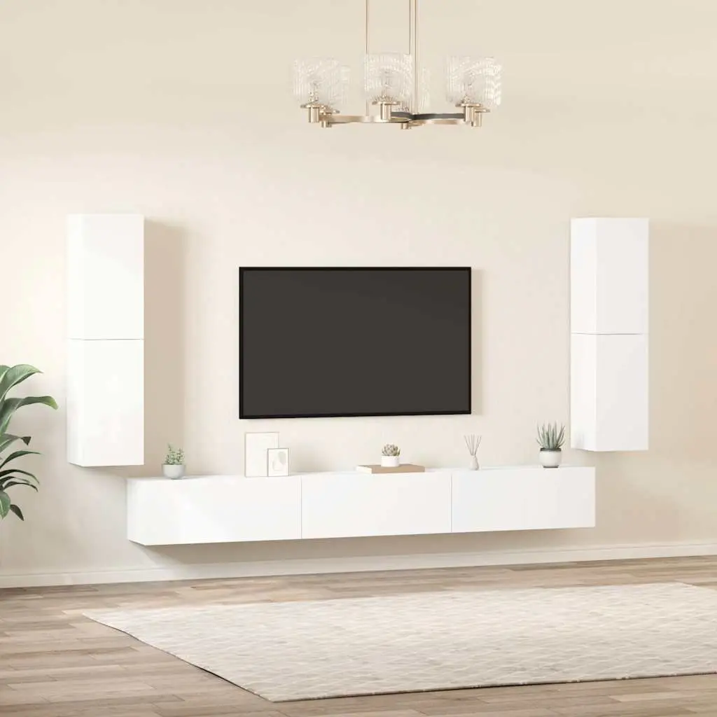 White TV Cabinet Set 7 Piece Wall-Mounted Storage Unit Engineered Wood Design