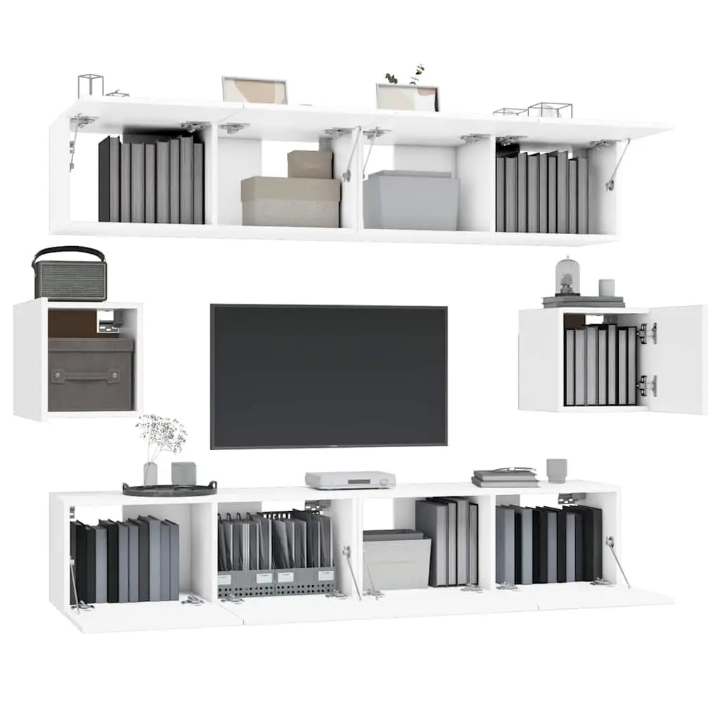 TV Cabinet Set 6 Piece White Wall-Mounted Media Storage Unit Engineered Wood