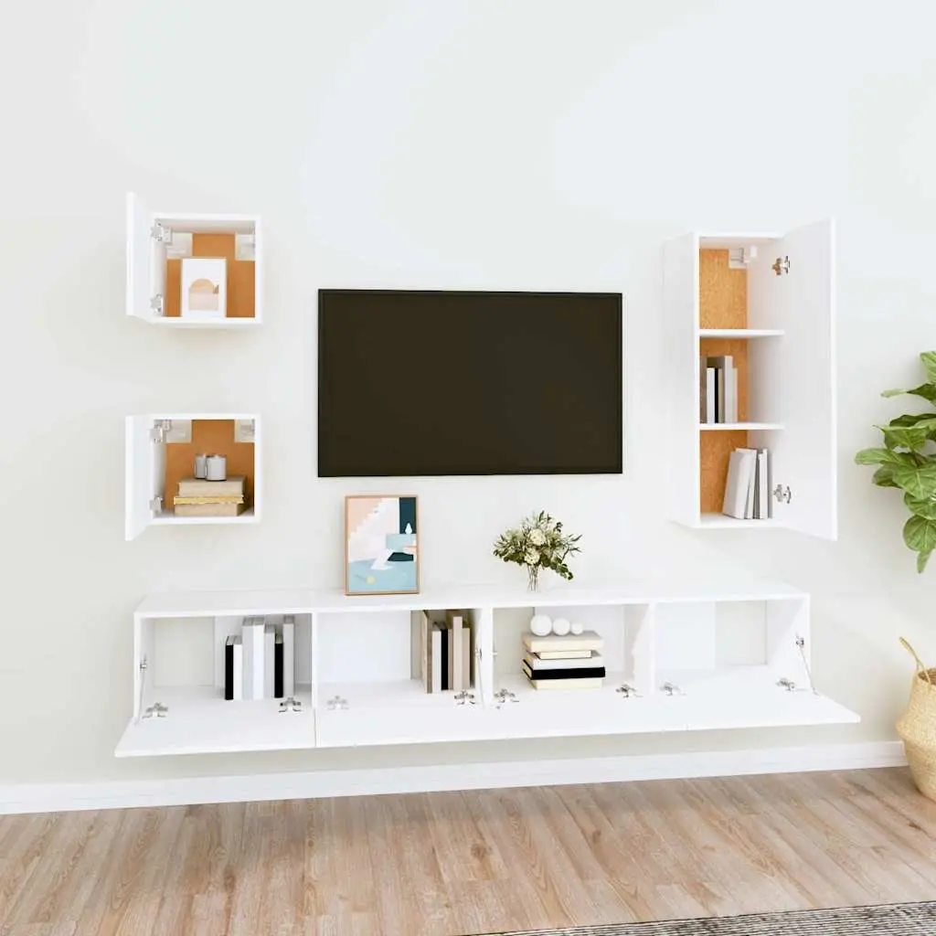 5 Piece TV Cabinet Set White Wall Mounted Storage Unit Engineered Wood