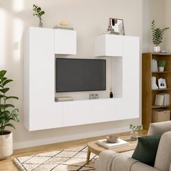 White Wall-Mounted TV Cabinet Set 6 Piece Engineered Wood Storage Unit Living