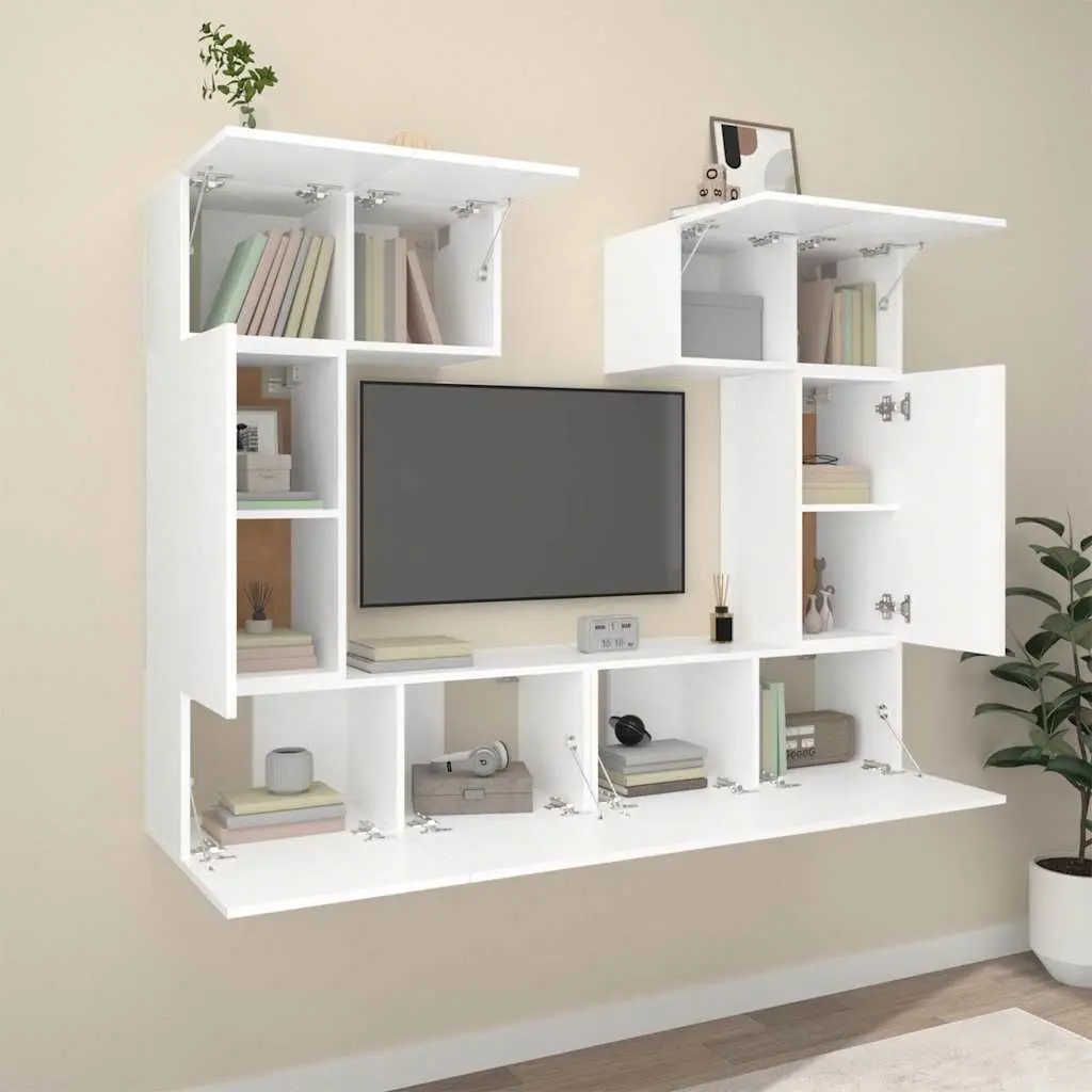 White Wall-Mounted TV Cabinet Set 6 Piece Engineered Wood Storage Unit