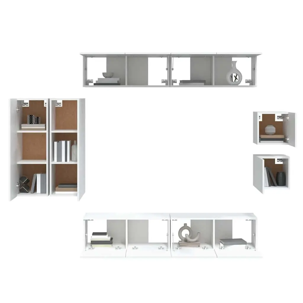 Wall-Mounted TV Cabinet Set White Engineered Wood 8 Piece