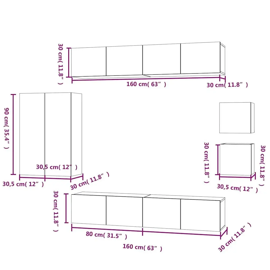 Wall-Mounted TV Cabinet Set White Engineered Wood 8 Piece