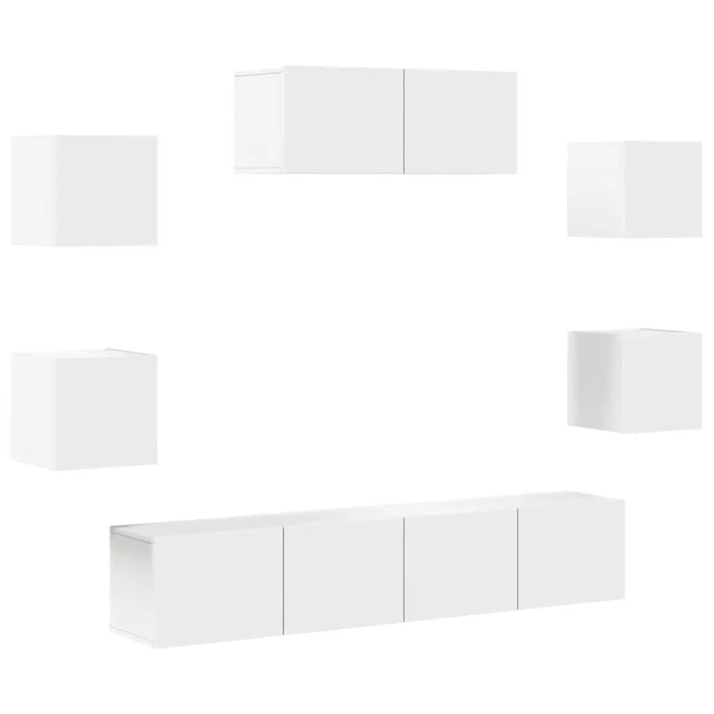 7 Piece White TV Cabinet Set Wall-Mounted Storage Unit Engineered Wood Organiser