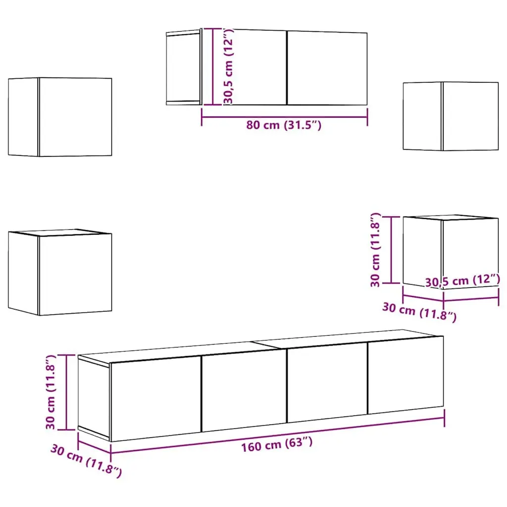 7 Piece White TV Cabinet Set Wall-Mounted Storage Unit Engineered Wood Organiser