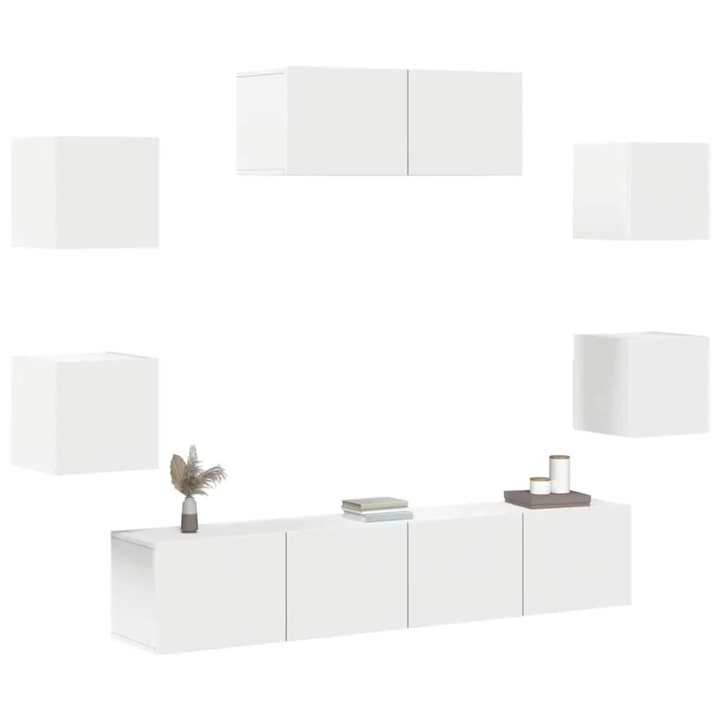 7 Piece White TV Cabinet Set Wall-Mounted Storage Unit Engineered Wood Organiser